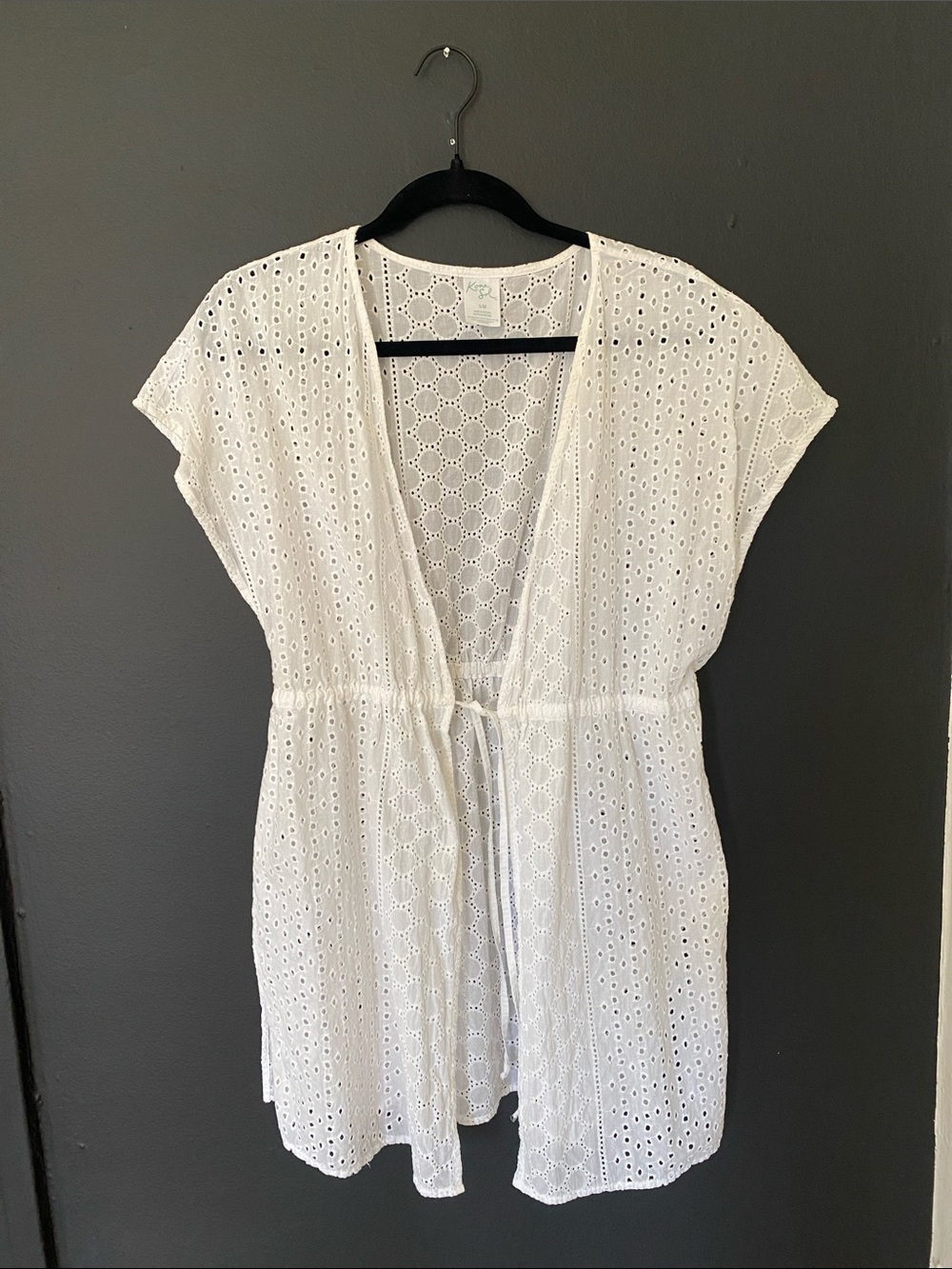 Kona Sol White Eyelet V-Neck Swim Cover-Up with Drawstring
